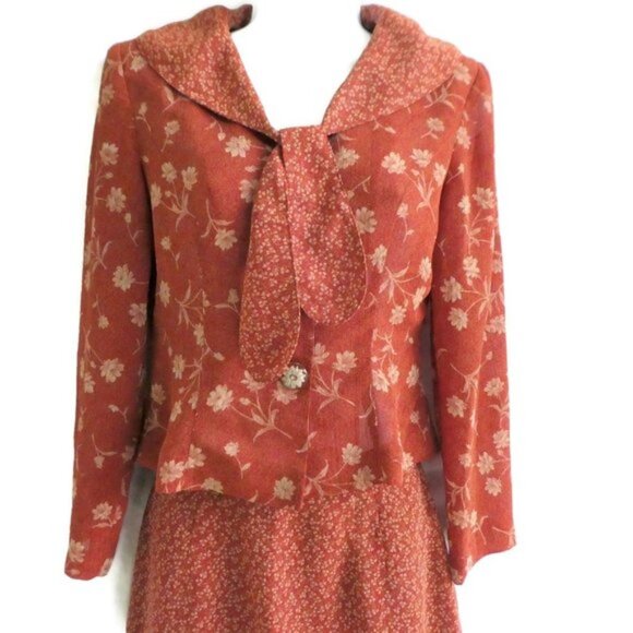 Vintage Skirt Set Mixed Floral Print Academia Tie Sepia Lined Zip Skirt Vent S